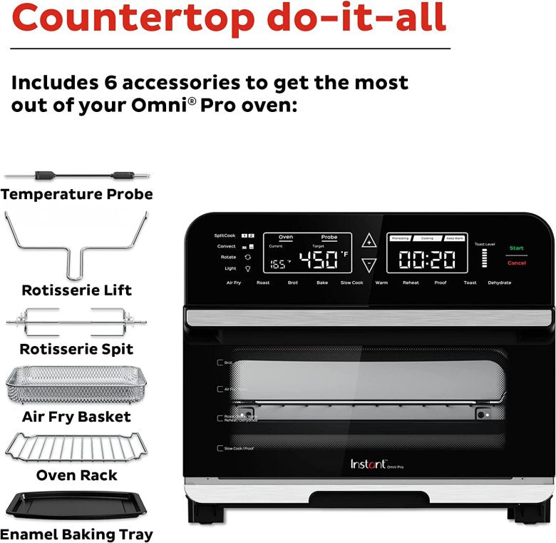 Omni Pro 19 QT/18L Air Fryer Toaster Oven Combo, From the Makers of Pot, 14-in-1 Functions, Fits a 12" Pizza, 6 Slices of Bread, App with Over 100 Recipes