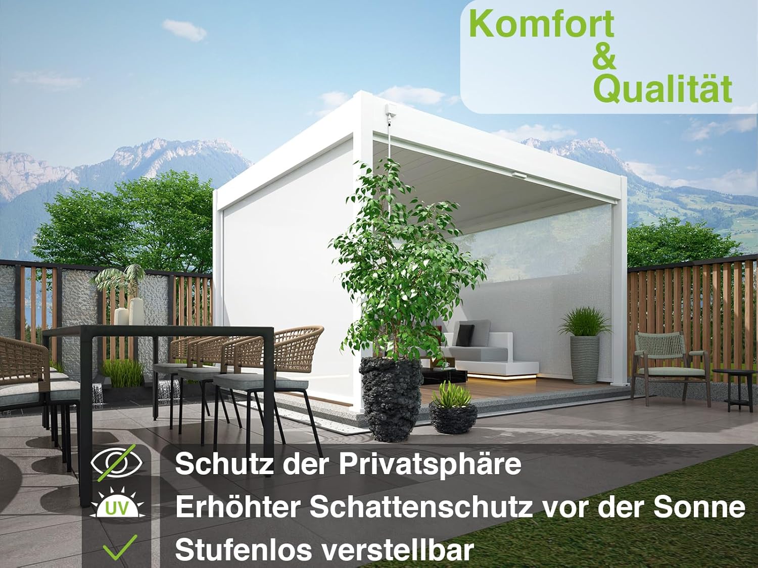 Weide Pavillon Sonnenrollo Ausziehbare Senkrechtmarkise außen für Pergola Sichtschutz Rollo 255cm hoch aus Aluminium, Textil wasserdicht stabil UV-Schutz (3,0 Meter, Weiß) für Alu-Pavillon Weide