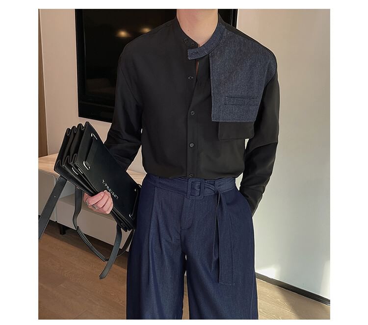 Drawouf - Overhemd met lange mouwen, opstaande kraag, denim paneel en knoopsluiting