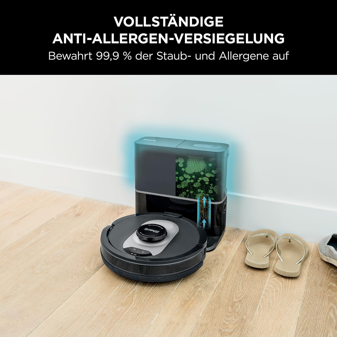 Shark AI 360 Saugroboter, selbstentleerender Staubsauger-Roboter, geeignet für alle Teppiche und Hartböden, Roboterstaubsauger, 120 Min Laufzeit, manuelle und App-Steuerung, Schwarz/Silber, RV2500SEU