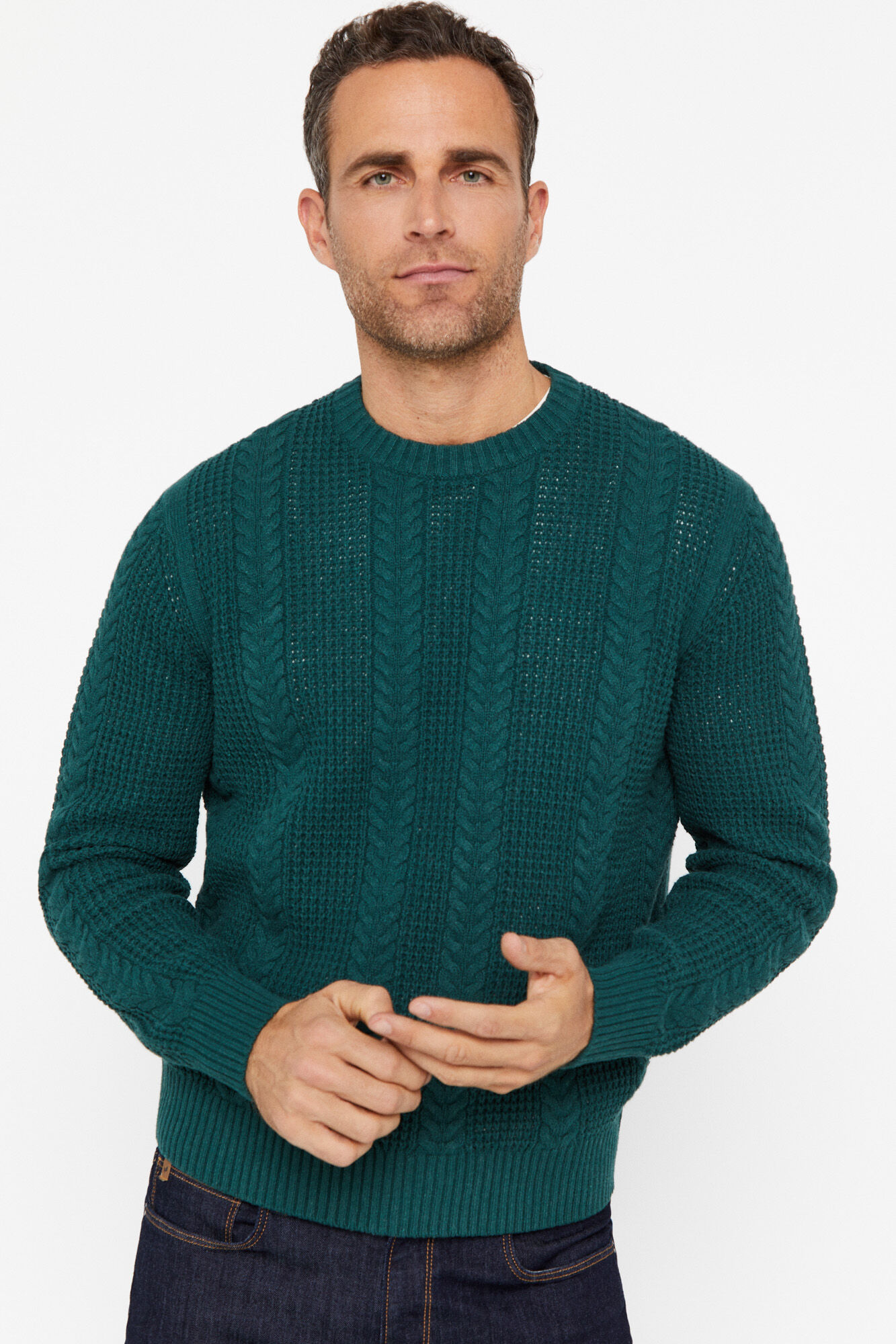 Camisa Jersey Structure Cables com gola redonda - Verde escuro