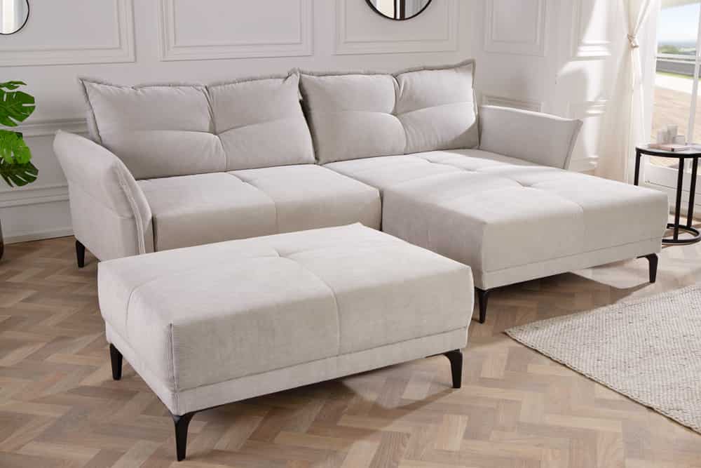 Modernes Ecksofa DESIGNO 250cm champagner beige Cord Couch inklusive Kissen Metallfüße