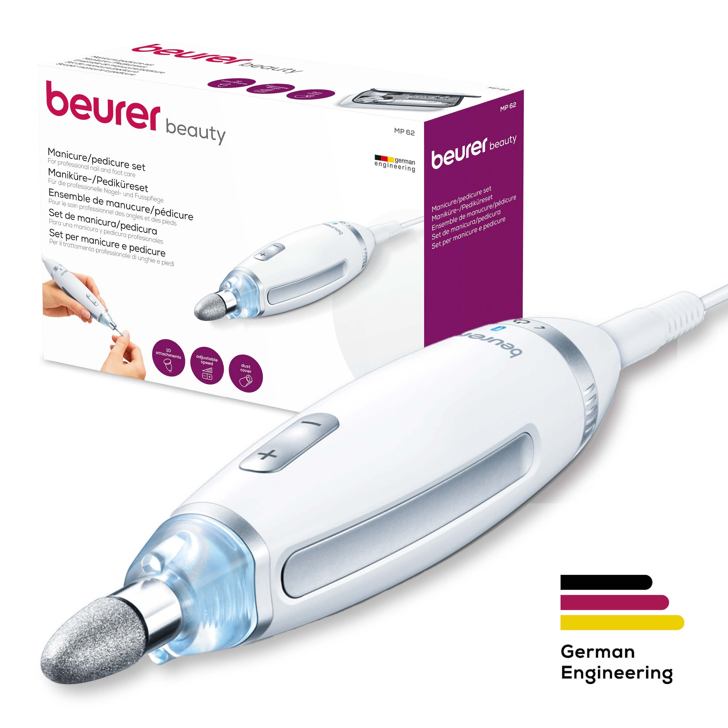 BEURER Maniküre-Pediküre-Set »MP 62 elektrische Nagelfeile für Maniküre und Pediküre zuhause« Mit 10 Aufsätzen, LED-Licht und Aufbewahrungstasche