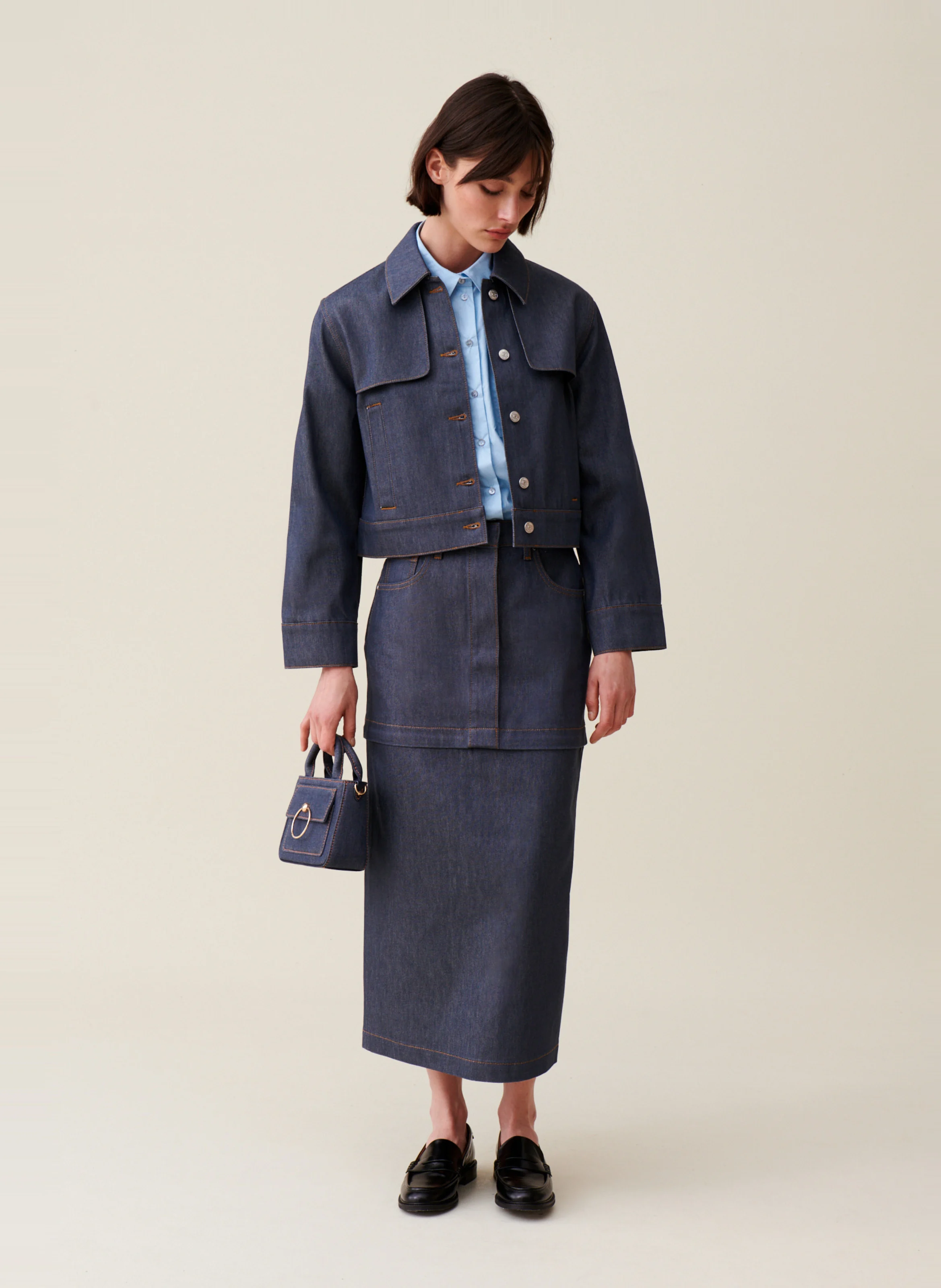Veste courte denim en coton mélangé | Bleu