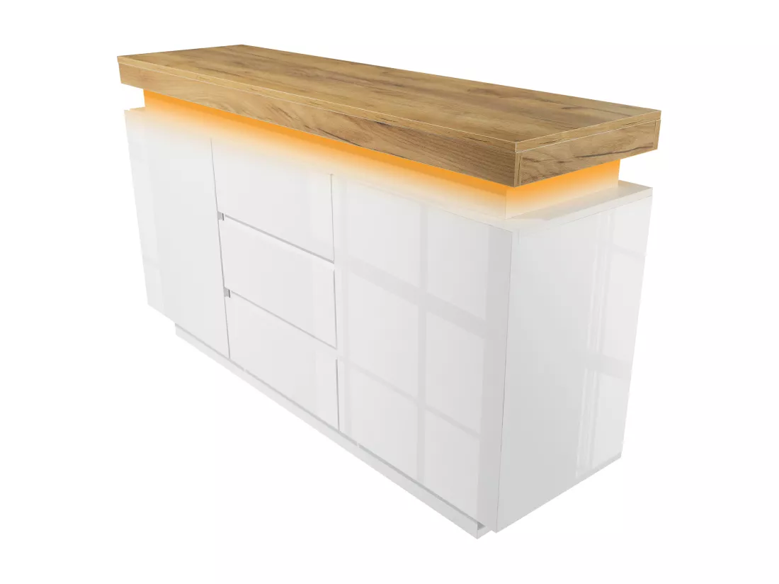 Commode avec LED - 3 tiroirs et 2 portes avec étagères réglables - Blanc