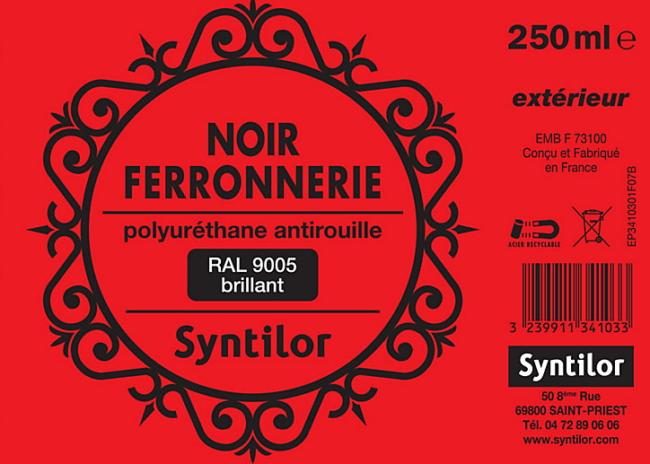Peinture extérieure fer antirouille noir brillant Syntilor 250ml