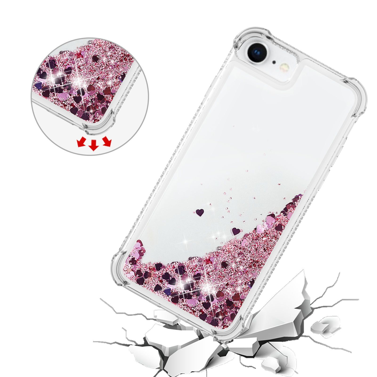 iPhone SE (2022/2020) / 8 / 7 Gummi Hülle mit Air Cushion Fallschutz Liquid Case Glitzer Herzen - Transparent / Pink