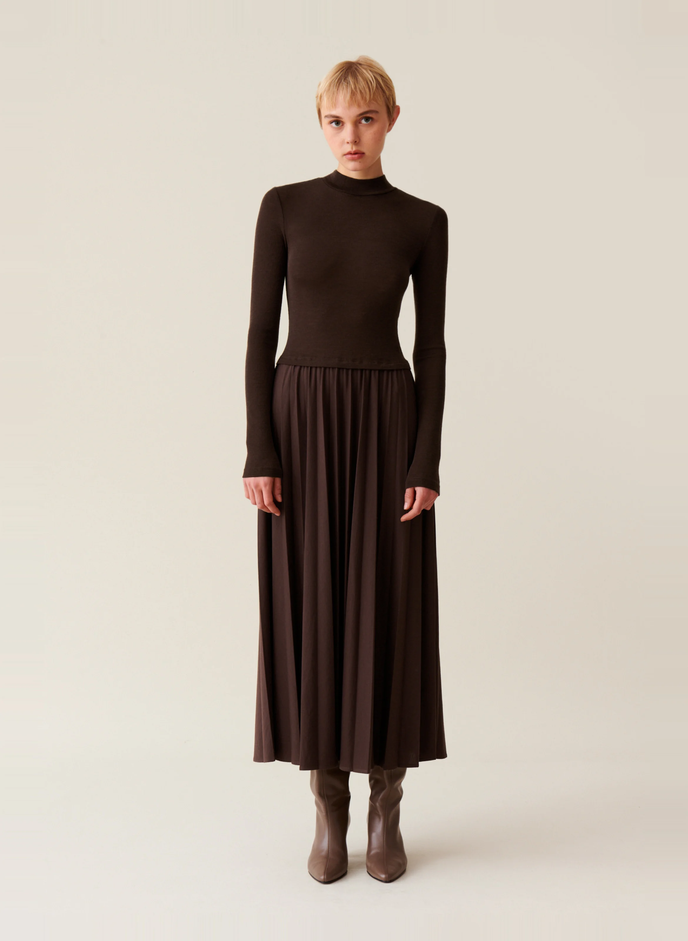 Robe long bi matières| Marron