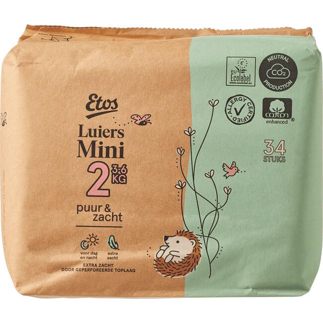 Etos Puur & Zacht Luiers Mini Maat 2 3-6 kg 34 stuks