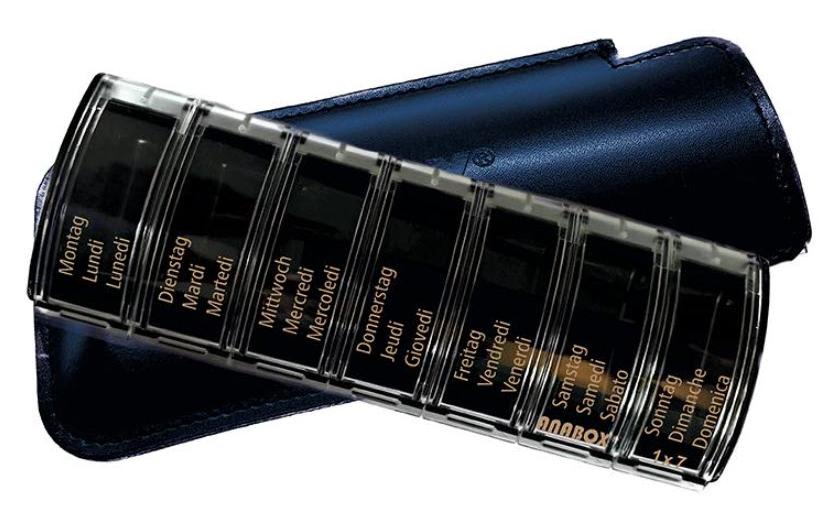 Medidispenser 1 x 7 De Luxe mit Lederetui, DE/FR/ITMedikamentenbox mit 7 Fächer