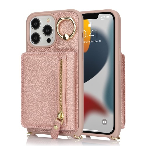 iPhone 13 Pro Necklace Leder Hülle mit Münzfach und Kartenfächer   Finger Griff Halterung   Handykette - Roségold