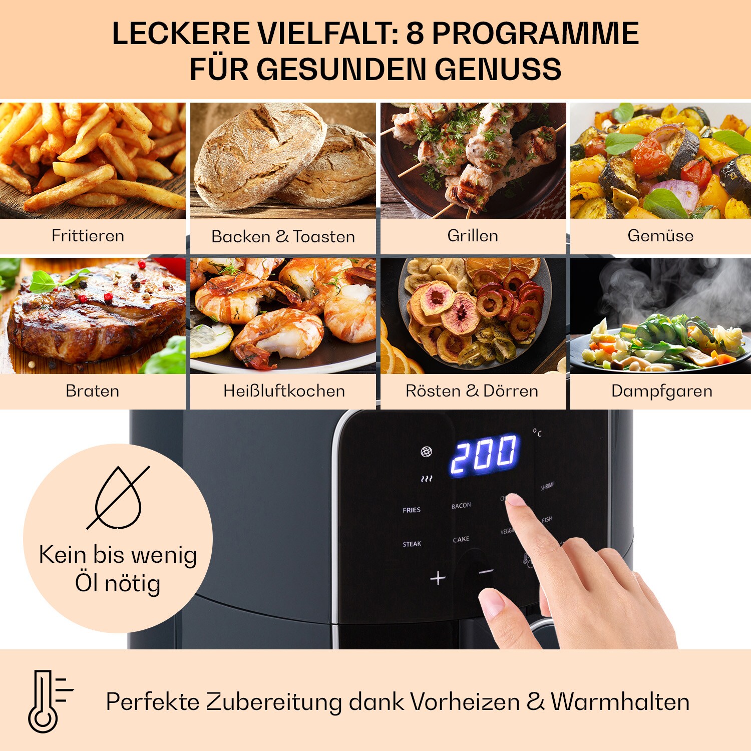 Crisp-Pro Heißluftfritteuse Air Fryer 1400W 3,5 Ltr 8 Programme Timer