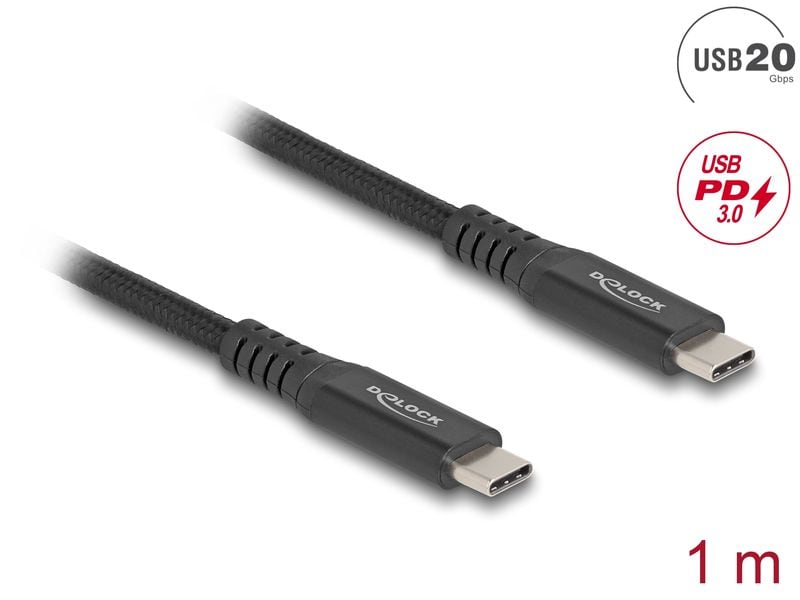 Delock USB4-Kabel Type-C Daten / Display / PCIe / PD 100W / Delock USB 20 Gbps Kabel USB Type-C Stecker zu Stecker PD 3.0 100 W E-Marker 1 m schwarz Metall