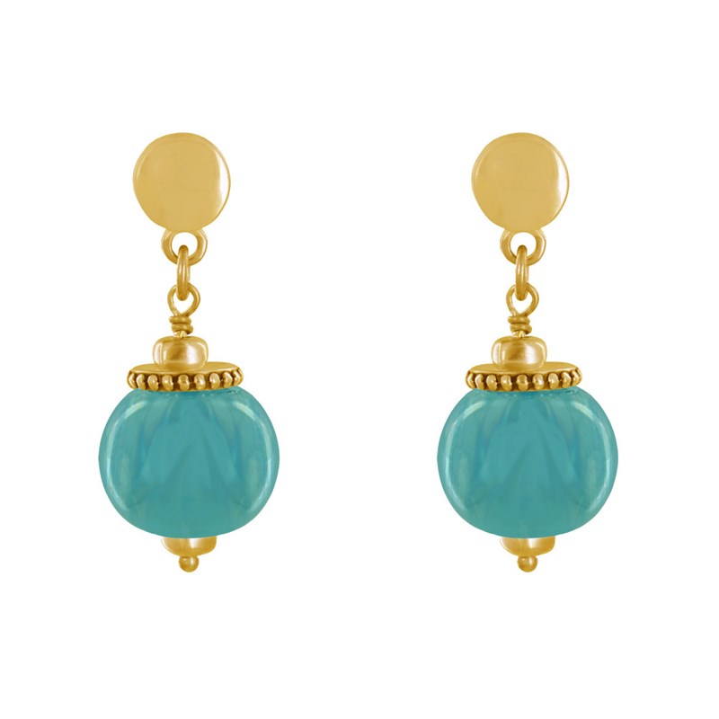 Boucles d'Oreilles Clous Métal Doré et Grosses Perles en Céramique