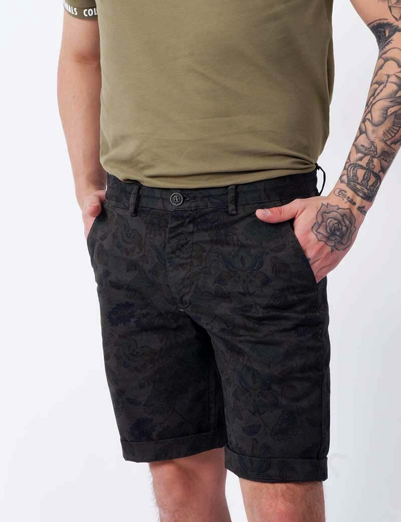 RECYCLED ART WORLD SHORT CHINO STRETCH FLORAL MILITARY GREEN