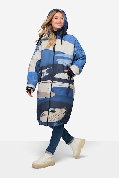 Funktions-Jacke, oversized, maritimer Allover-Print, Teddyfutter, 2-Wege-Zipper