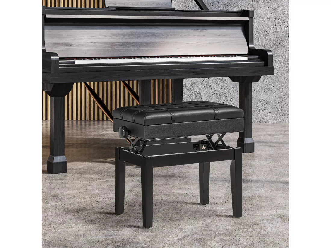 Banquette tabouret siège pour piano coffre intégré hauteur réglable bois hévéa assise revêtement synthétique noir