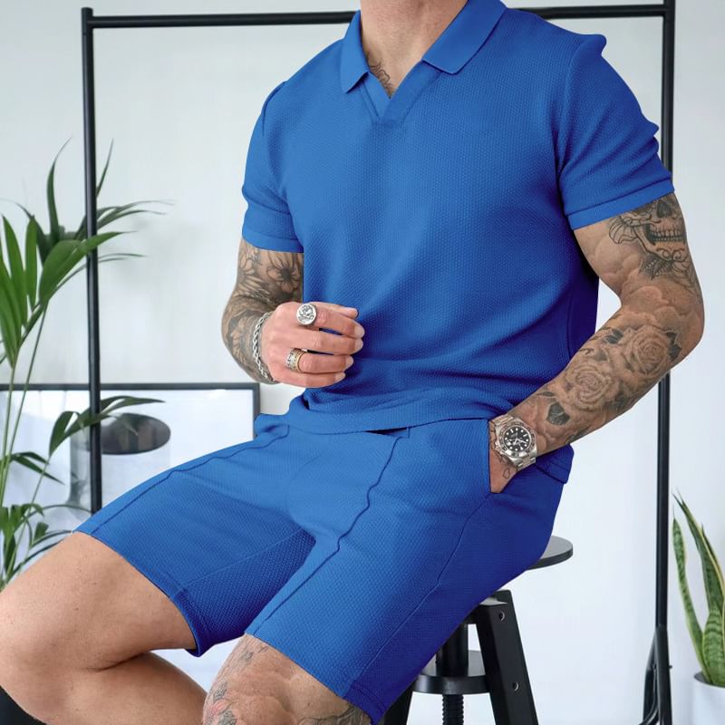 Dubbel Wit - Set: Effen top met korte mouwen en kraag + shorts