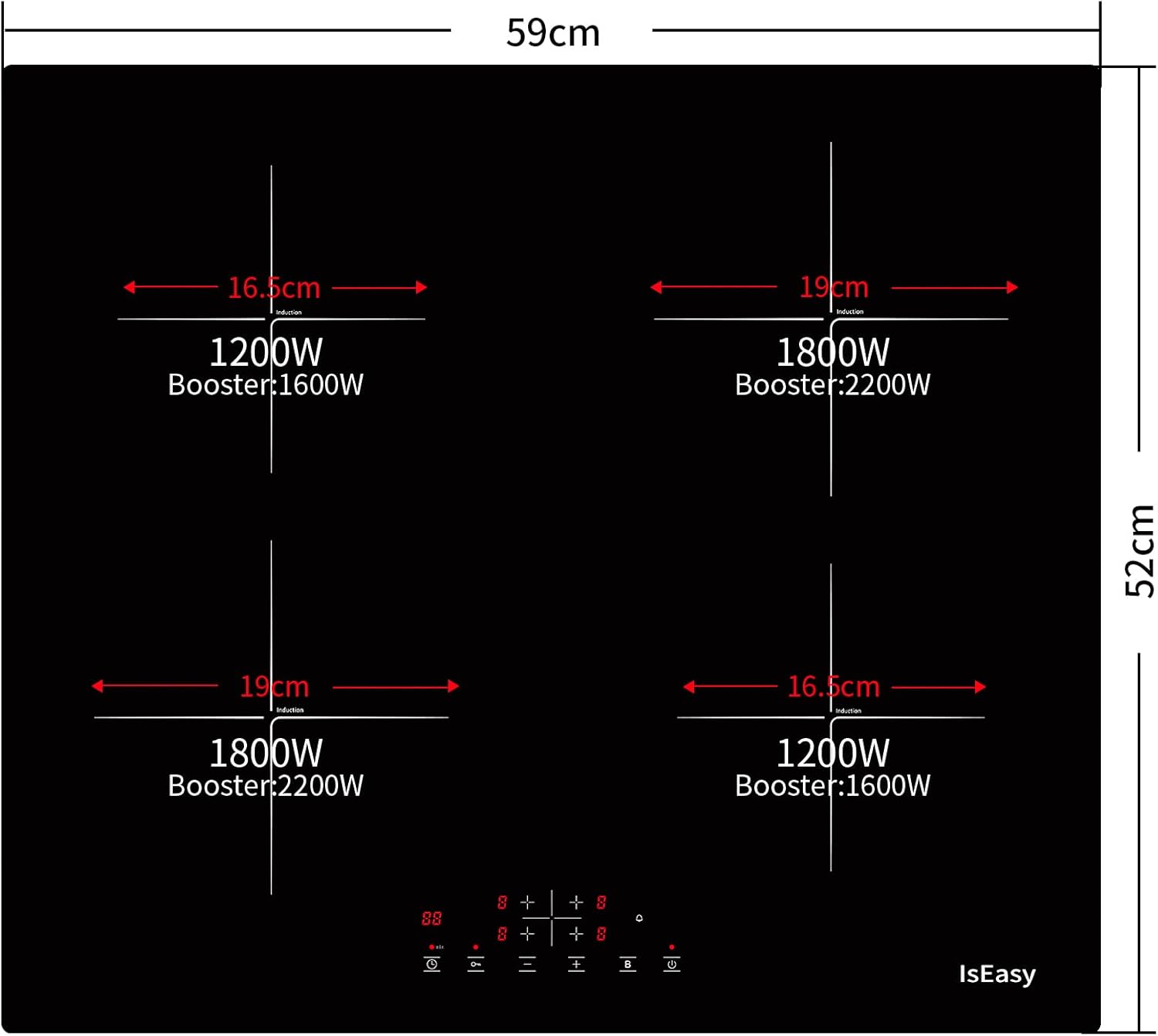 IsEasy 4 Zonen Einbau Induktionskochfeld mit 9 Leistungsstufen &1-99Min Timer, Boost-Funktion, Induktionskochplatte, Induktion Herdplatte mit 4 Platten, 60cm, 6800W, Schwarz