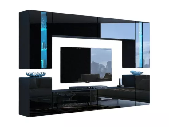 Ensemble de meubles de salon noir suspendus collection CEPTO XXIV. 256cm, 8 meubles, leds, modulables.