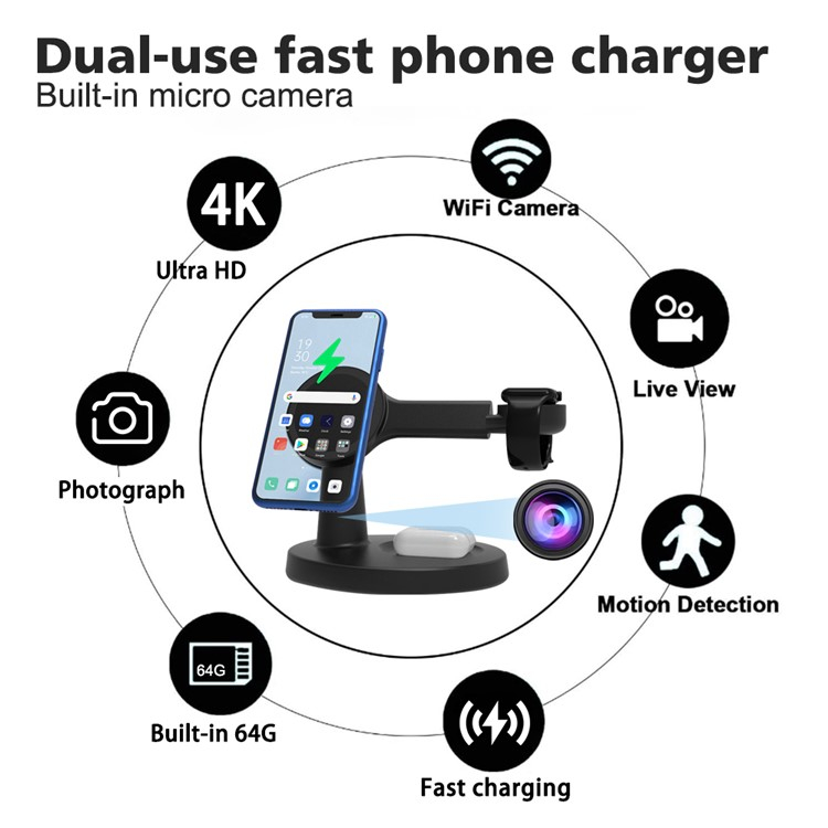 (15W) Multifunktionale Ladestation für iPhone / Apple Watch und AirPods   integrierte 4K Kamera mit 64GB SD Karte (iOS/Android) - Schwarz