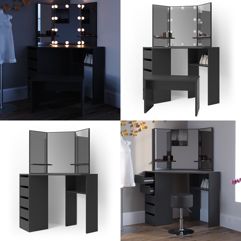 Vicco Eckschminktisch Frisiertisch Schminkkommode Arielle Schwarz Spiegel 110x145 cm modern Schlafzimmer Kommode Schublade Ablage Aufbewahrung Kosmetiktisch Schminkkonsole Make-Up-Tisch