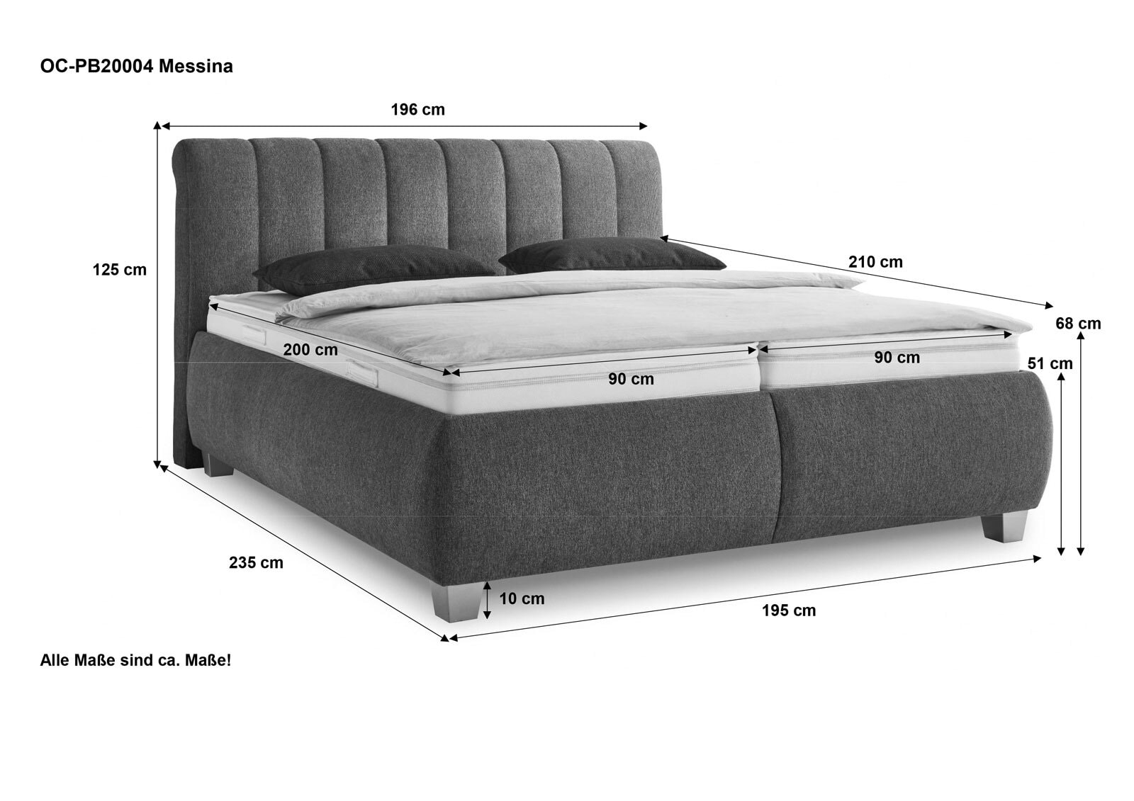 SYSTEMPOLSTER sleep Polsterbett MESSINA 180 x 200 cm dunkelgrau