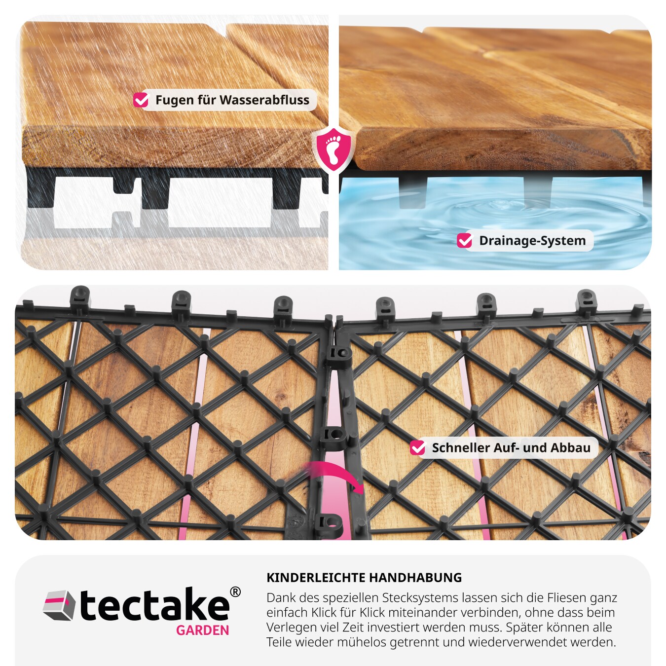 tectake® Terrassenfliesen, 20er Set mit Klicksystem, mit Drainage, 31 x 31 x 2,2 cm