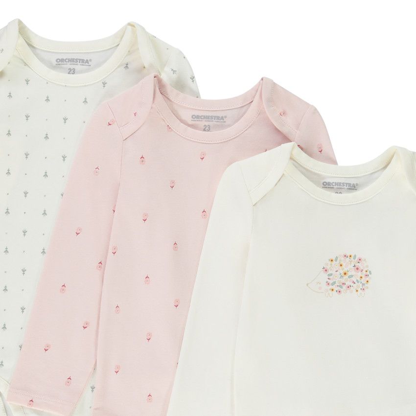 Lot de 3 bodies manches longues fantaisie pour bébé fille avec ouvertures différentes selon l'âge - Ecru
