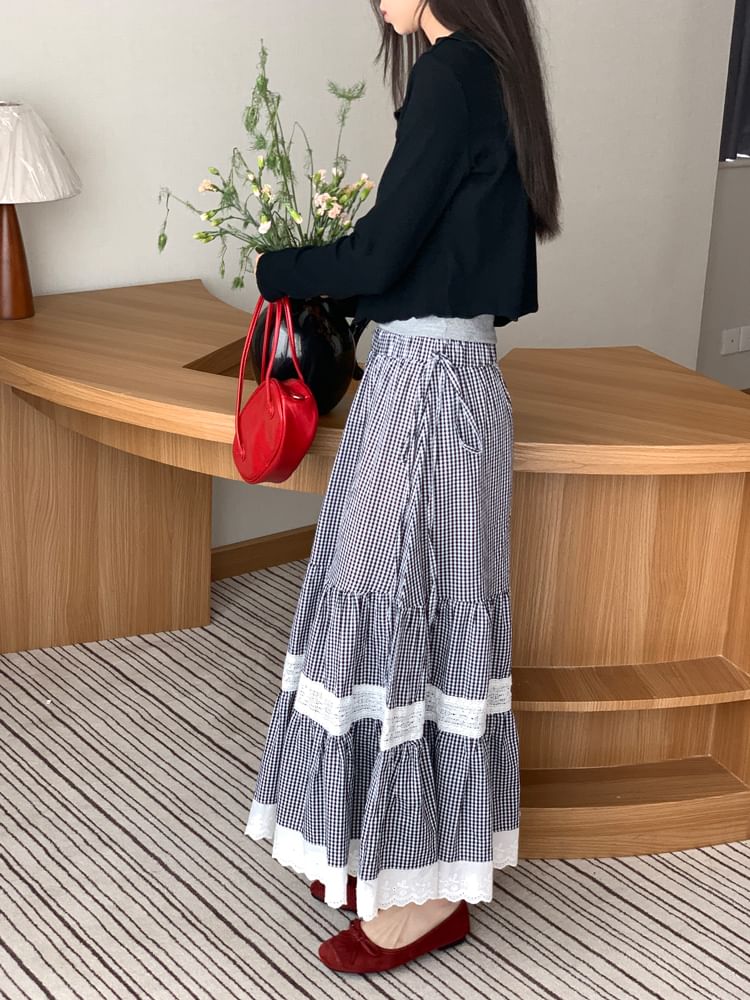 Beem - Hoge taille geruite maxi A-lijn rok
