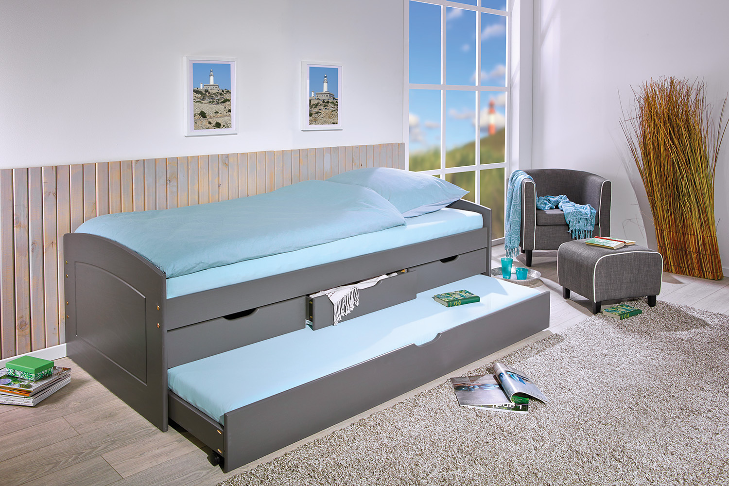 Funktionsbett RIEKA - grau - Kiefer Massivholz