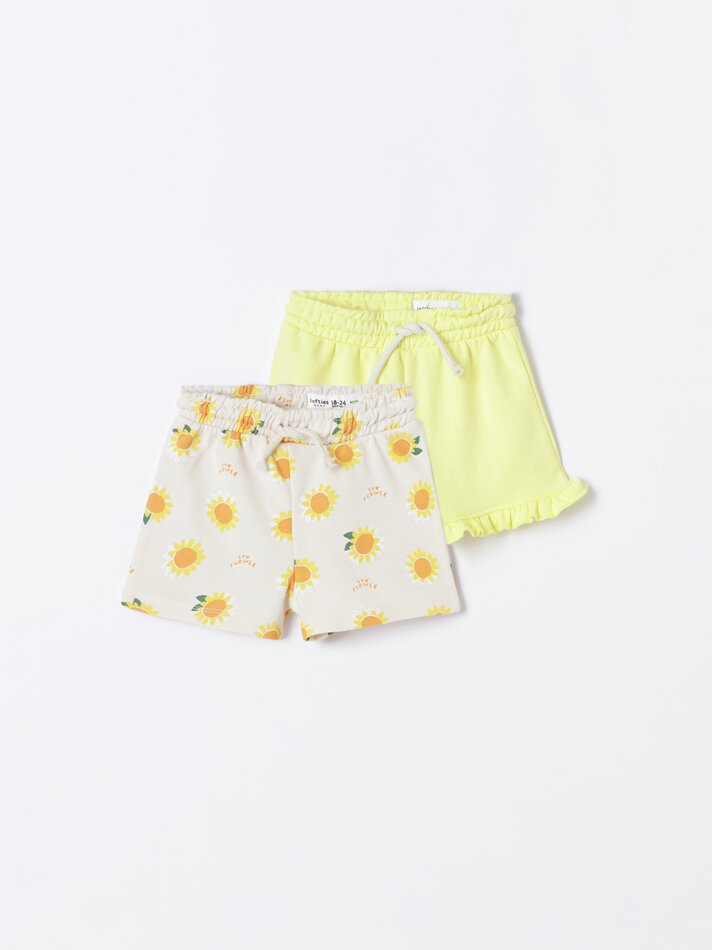 Calções de tecido atoalhado com babados - Amarelo Claro