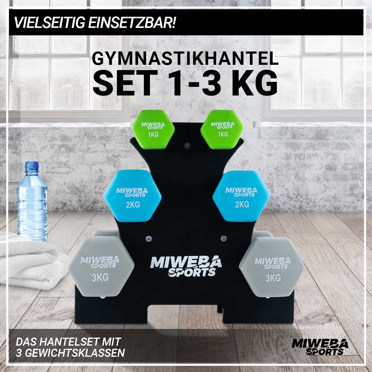 Miweba Sports Gymnastikhantel-Set NKH120, 1-3 kg, Neopren/Vinyl, Eisenkern, rutschfest, Hantelablage (Grün, Türkis, Grau, Neopren)