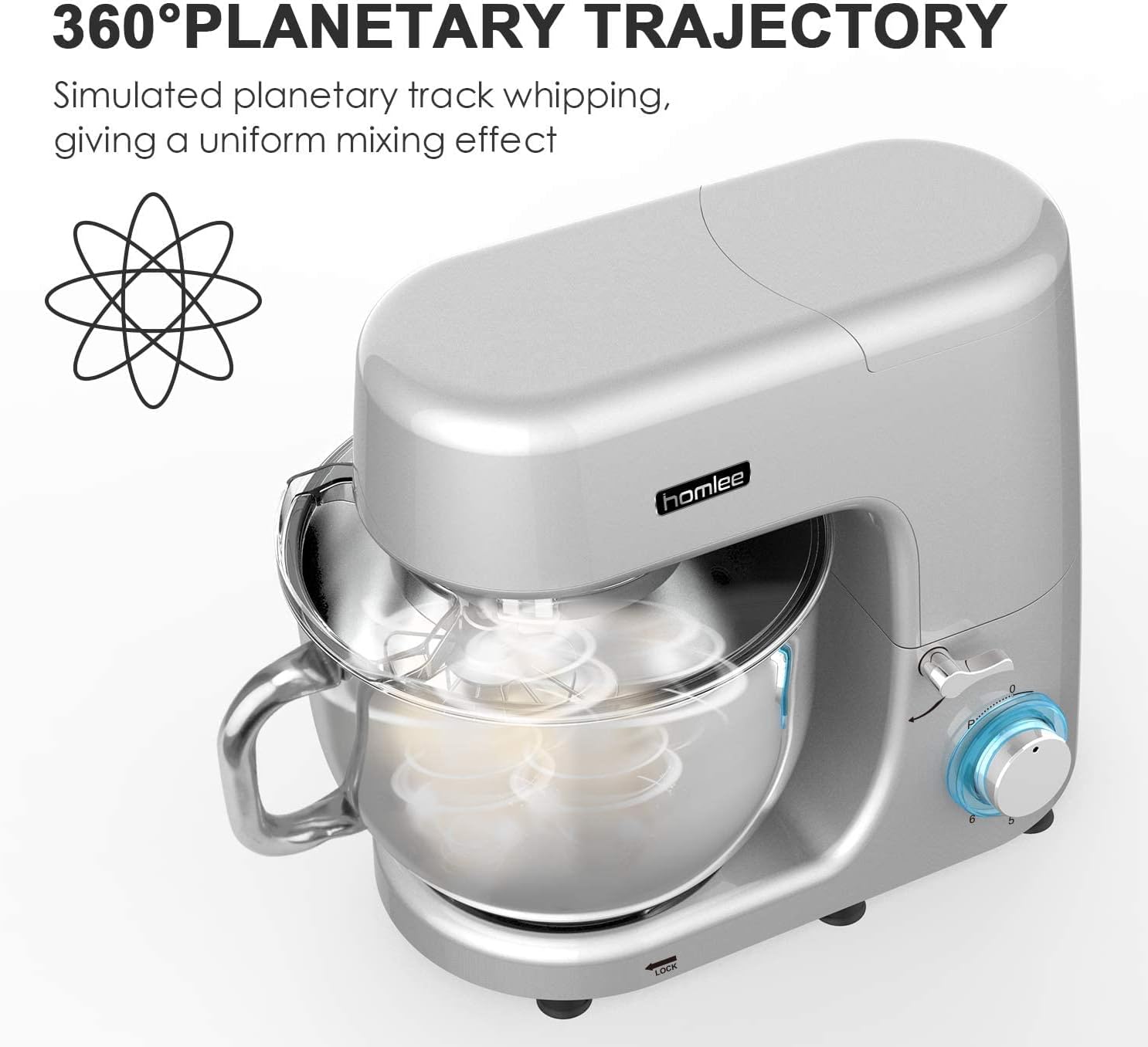 Robot Patissier Homlee 1800W 7,2L Professionnel Robot Ptissier Petrin Multifonctions Robot Cuisine Faible Bruit Batteur sur Socle avec Bol en Acier Inoxydable,Fouet,Batteur,Crochet,6 Vitesses