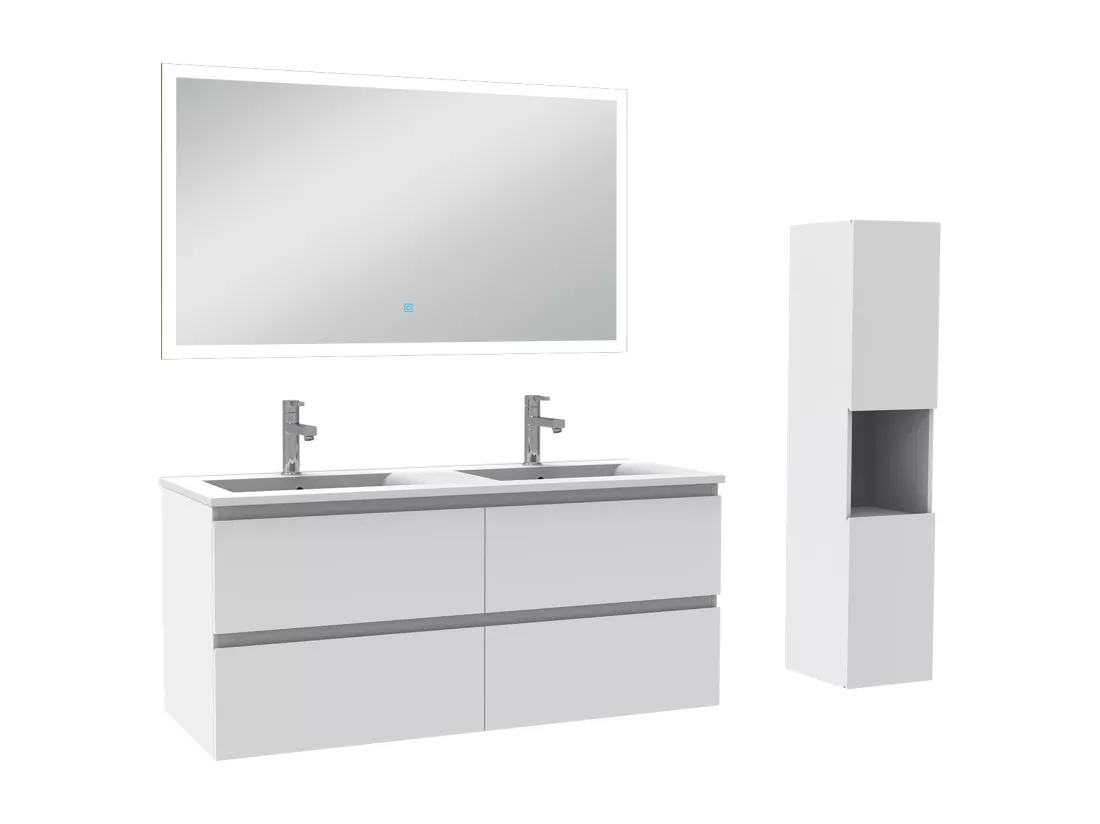 Ensemble meuble Salle de Bain 120cm avec vasque et colonne et miroir lumineux dimmable blanc