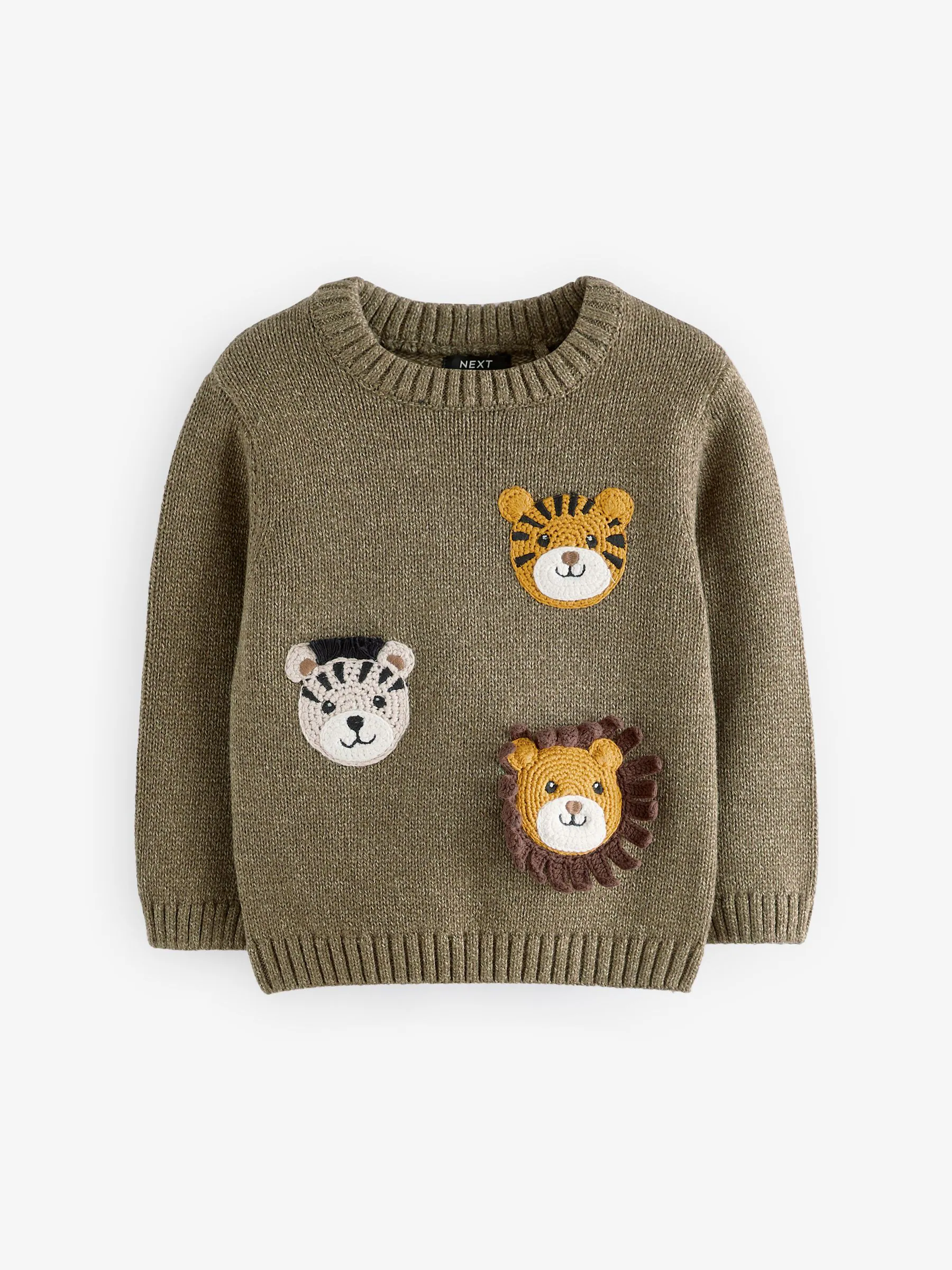 Kakigroen met safaridieren - Gebreide trui met ronde hals van 100% katoen (3 mnd - 7 jr)