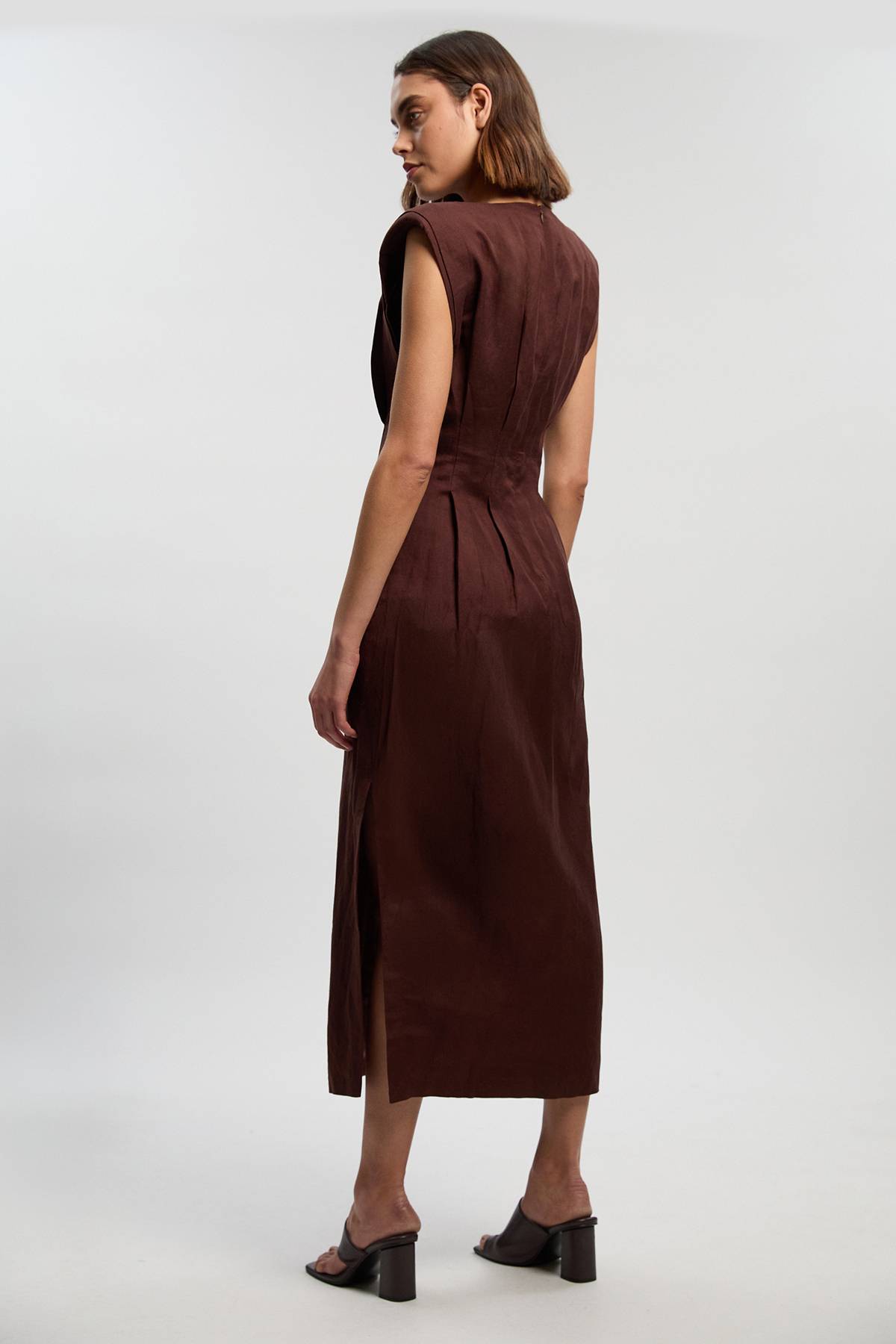 KarenMillen Robe Midi en Lin Tissé à Pinces en Viscose