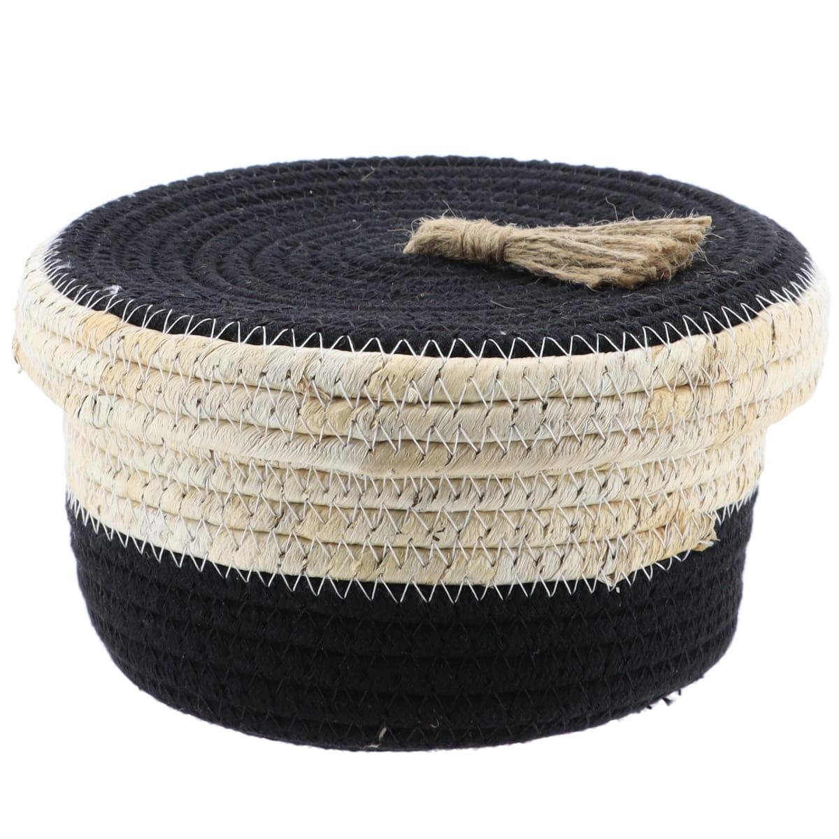 PANIER ROND COUVERCLE COTON MAIS 17X10CM NATUREL NOIR