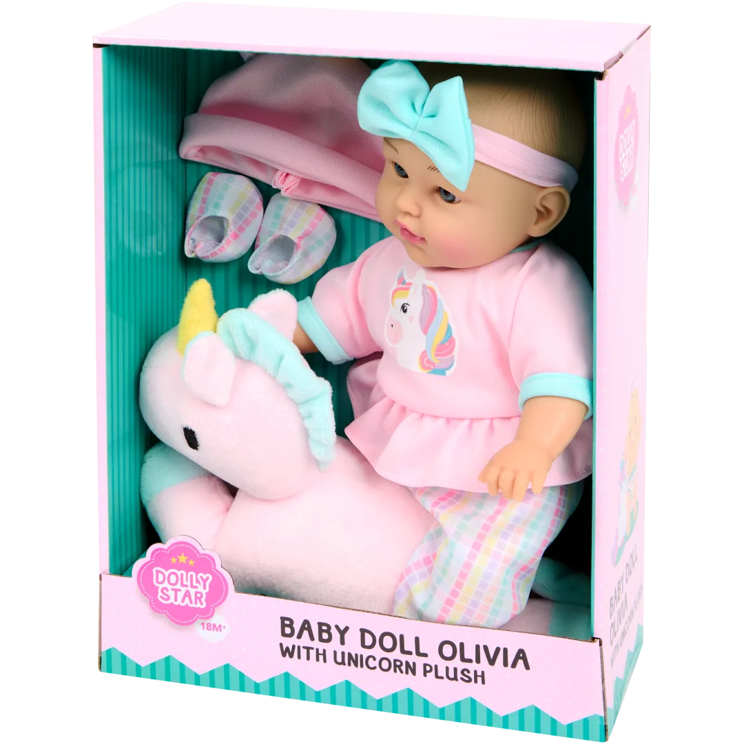 Dolly Star babypop Olivia met eenhoornknuffel 30 cm | diverse varianten