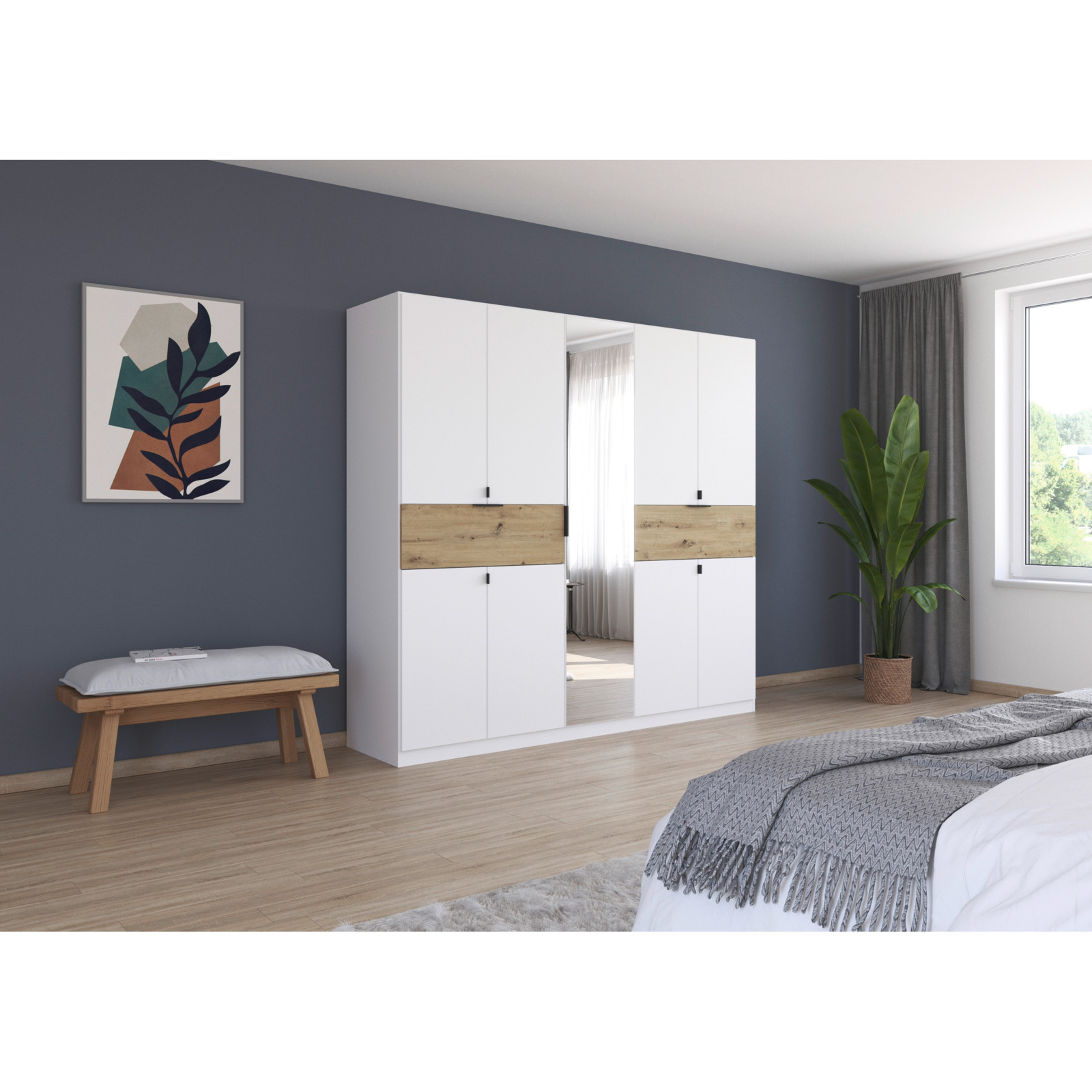 Drehtürenschrank Ticao, Dekor, 226 x 210 x 54 cm, mit Spiegel weiss / Artisan