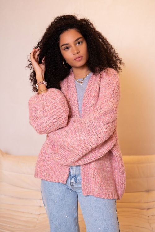 Lichtroze grof gebreid vest met lurex