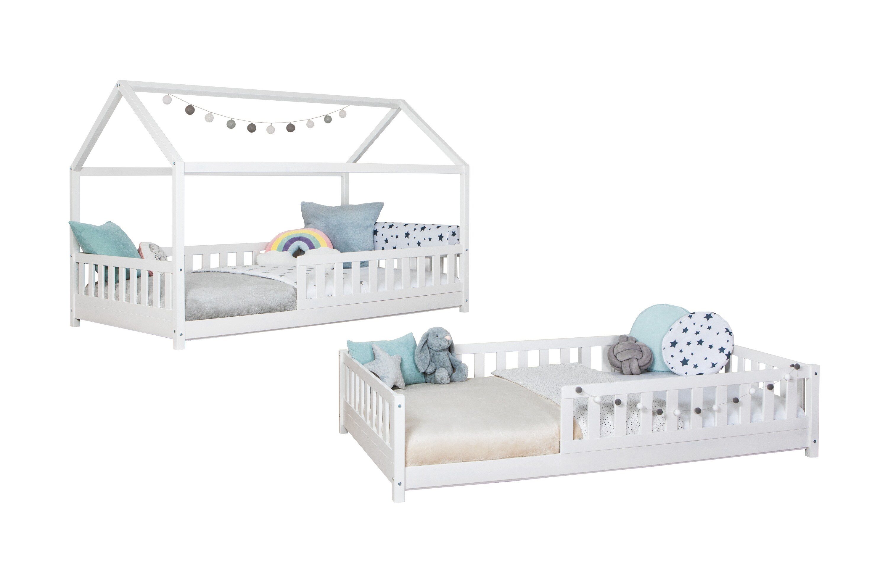 TiCAA 2 in 1 TiCAA Hausbett Bodenbett wandelbar mit abnehmbaren Dach Duo90x200 cm, 100x200 cm, 120x200 cm, 140x200 für Jungen & Mädchen, inkl. Rolllattenrost, Rausfallschutz variabel, MontessoriBett weiß aus Kiefer Massivholz