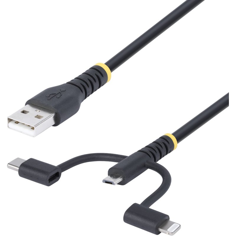 StarTech.com Câble de Charge USB de 1m Robuste, USB vers Lightning/Micro-USB/USB-C, Certifié Apple MFi, Gaine en Aramide, Cordon de Charge USB Universel 3-en-1 pour iPhone/iPad/Android