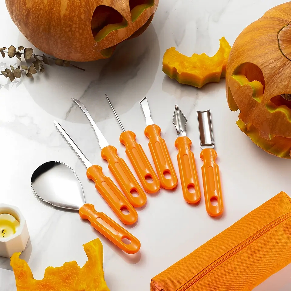 (7-tlg. Set) Halloween DIY Deko Kürbis Schnitz Werkzeug Pumpkin Aushöhlen inkl. Aufbewahrungs Tasche - Orange