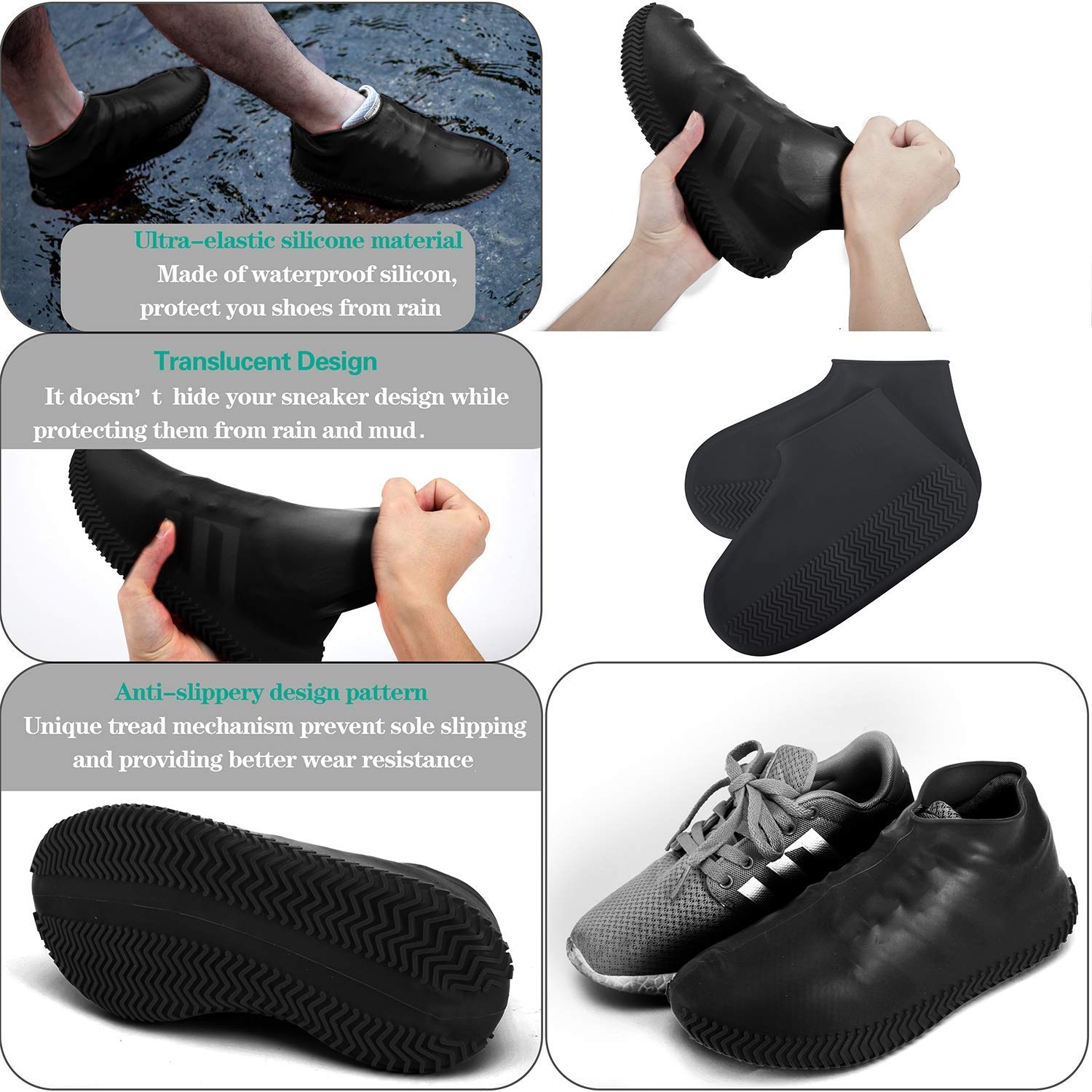 (1 Paar) Gr. L Wiederverwendbare Silikon Schuhabdeckung Schuhüberzug Wasserabweisend (Grösse 40-45) - Schwarz