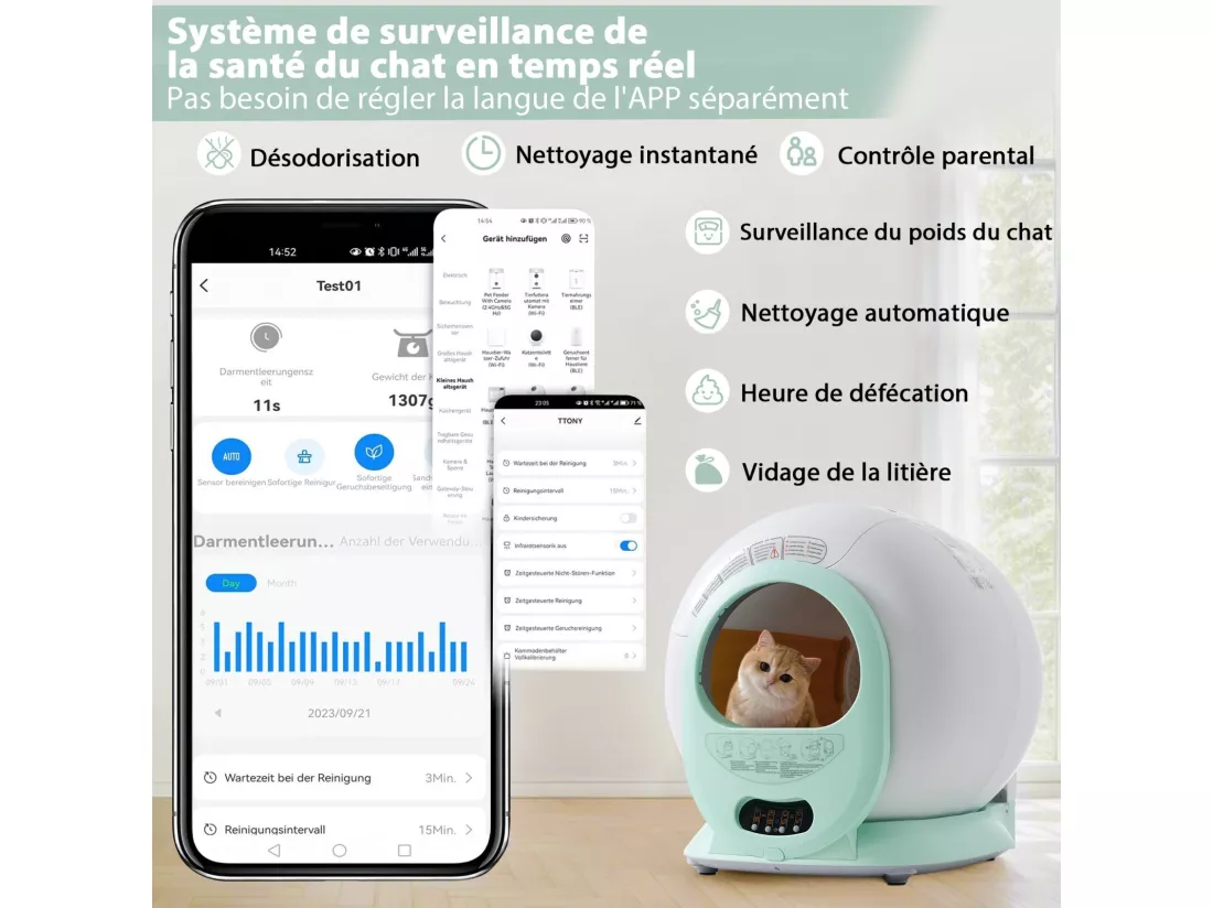 Toilette pour chat, nettoient automatiquement, odeur éliminée, avec capteur infrarouge et APP, 48x52x50.5cm