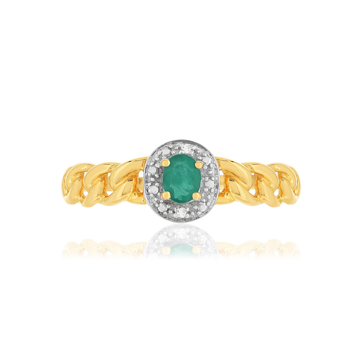 Bague or 375 2 tons, émeraude, diamants, motif maille gourmette