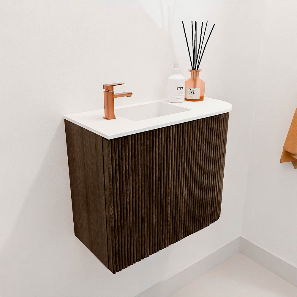 Mondiaz Joya 50cm toiletmeubel ronding rechts walnut met wastafel faye links 1 kraangat talc