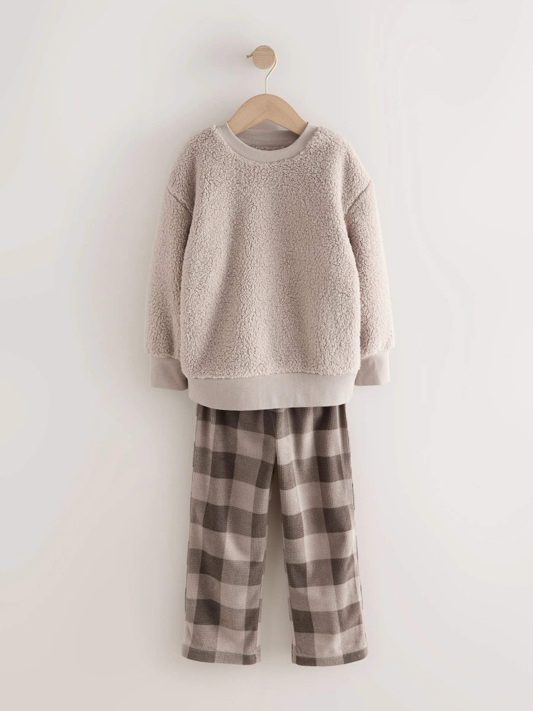 Ecru wit geruit - Enkele behaaglijke fleece pyjama (3 - 16 jr)