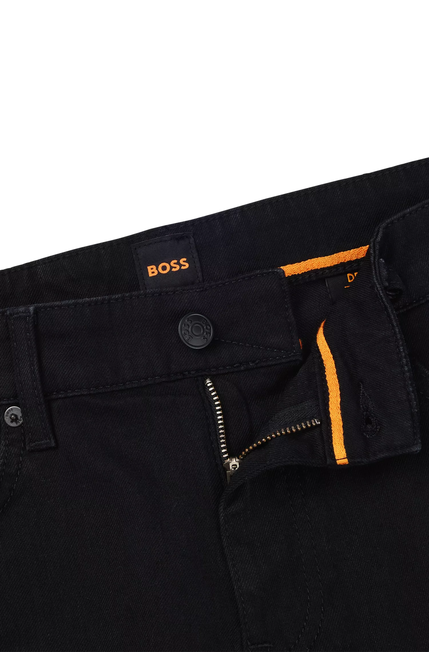 Calça jeans BOSS laranja, corte slim, em denim preto com elasticidade para maior conforto.